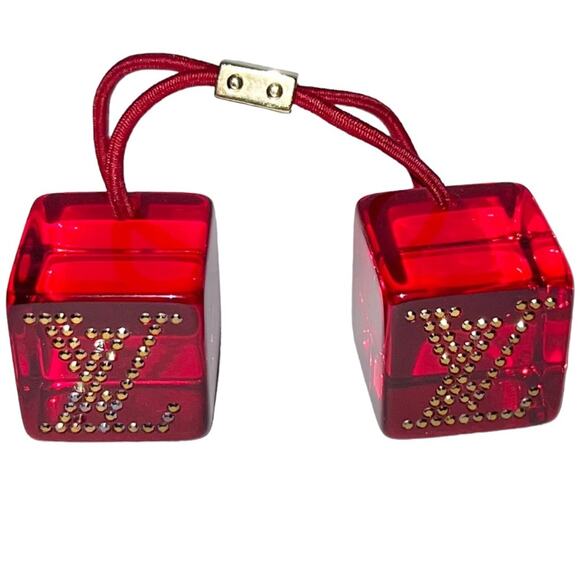 AUTH Louis Vuitton Red Lucite Rhinestone LV Logo Jumbo Hair Tie Cube Bobble - Picture 14 of 16